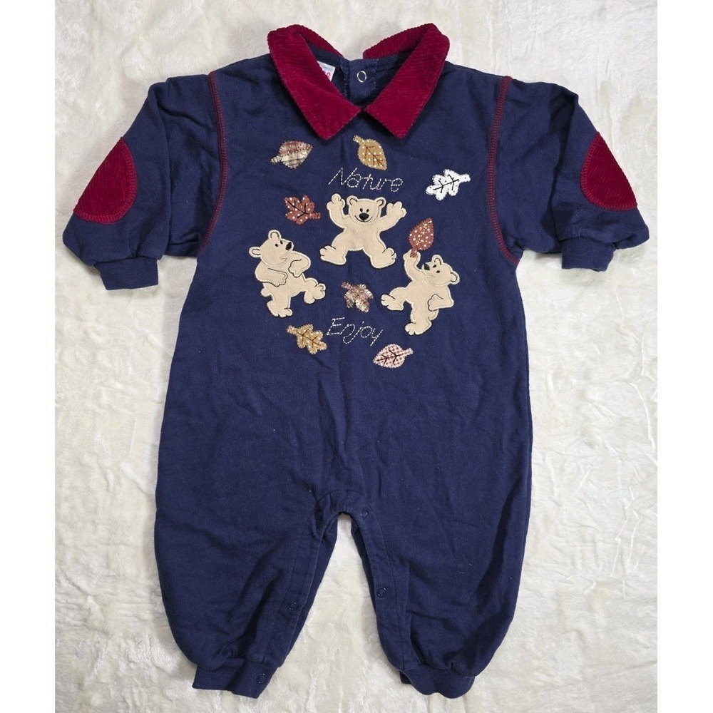 Vintage 90s Class Club Baby Romper Bears Nature Navy Red Unisex 6/9M